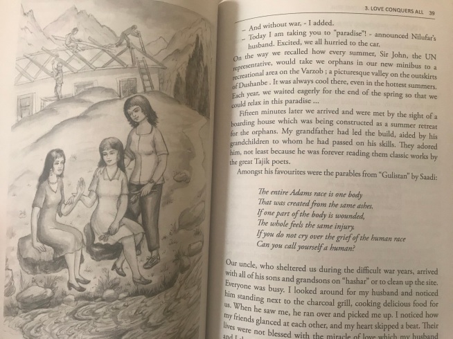 drawing of three women by water